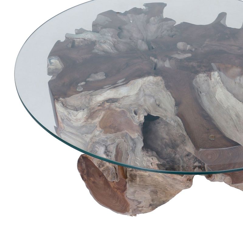 Table basse naturelle en racine de teck 100cm et plateau en verre
