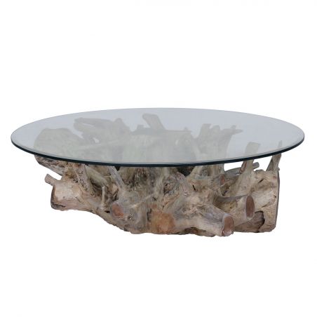 Table basse ronde en racine de teck 120cm et plateau en verre