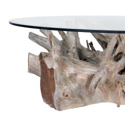 Table basse bois flotte en racine de teck 120cm et plateau en verre