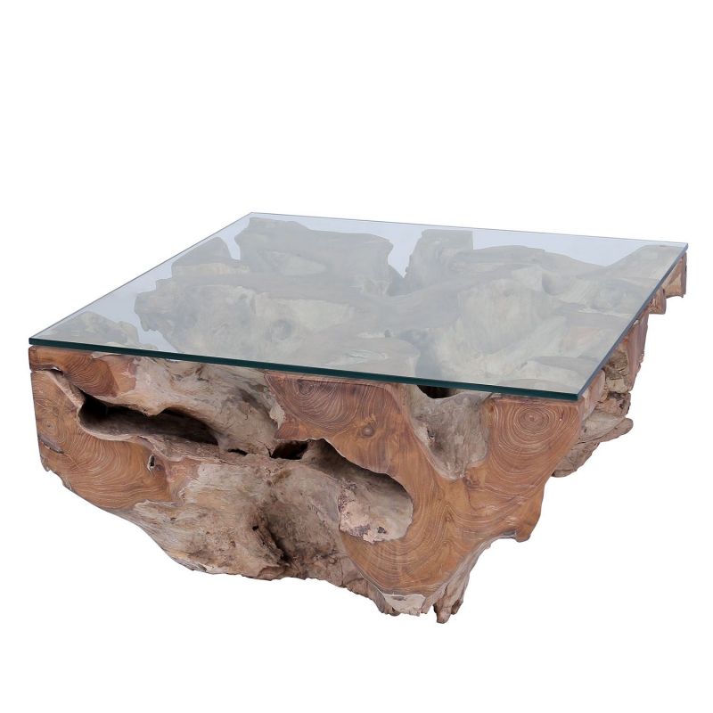 Table basse naturelle en racine de teck 80cm et plateau en verre