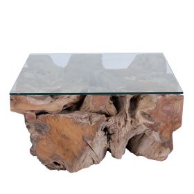 Table basse originale en racine de teck 80cm et plateau en verre