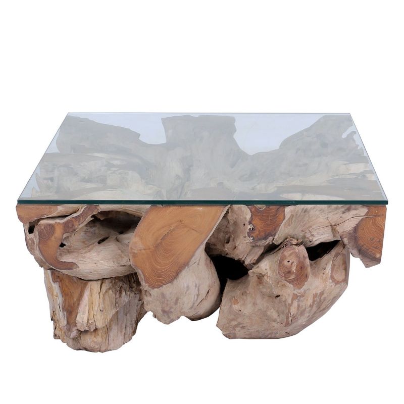 Table basse nature en racine de teck 80cm et plateau en verre