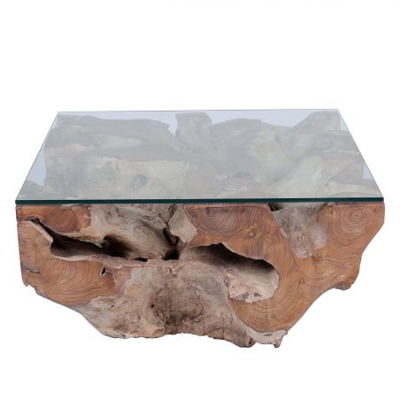 Table basse carrée en racine de teck 80cm et plateau en verre