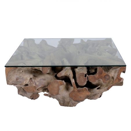 Table basse salon en racine de teck 100cm et plateau en verre