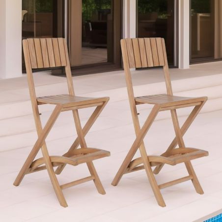 Lot de 2 chaises haute pliantes teck massif pour jardin GARDEN