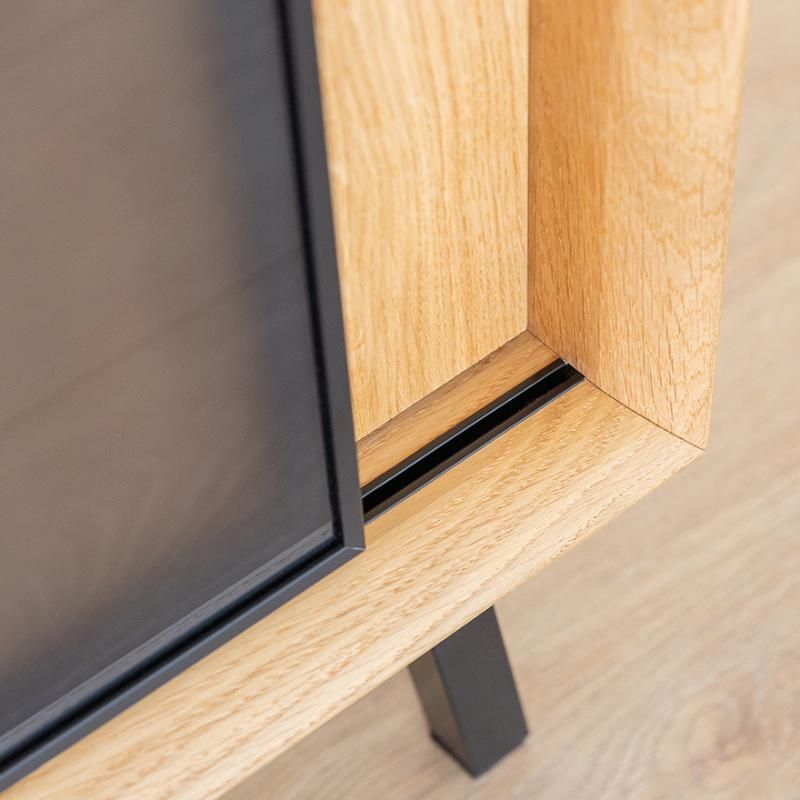 Meuble tv portes coulissantes en chêne massif, métal et verre JONAS