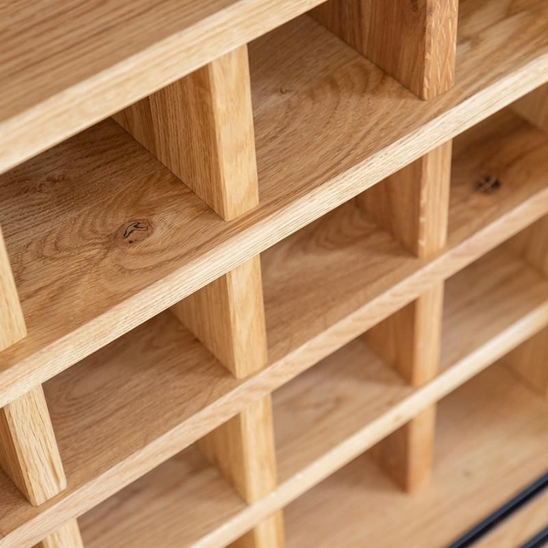 Buffet chêne massif naturel avec porte bouteilles et façade en verre 101cm JONAS