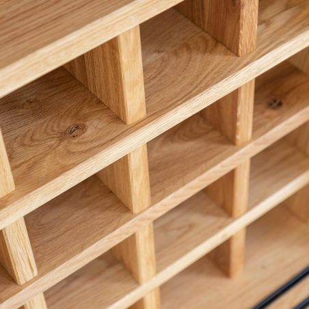 Buffet chêne massif naturel avec porte bouteilles et façade en verre 101cm JONAS