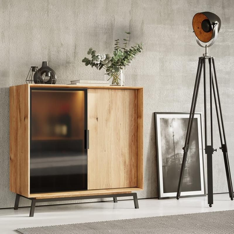 Buffet chêne massif naturel avec porte bouteilles et façade en verre 101cm JONAS