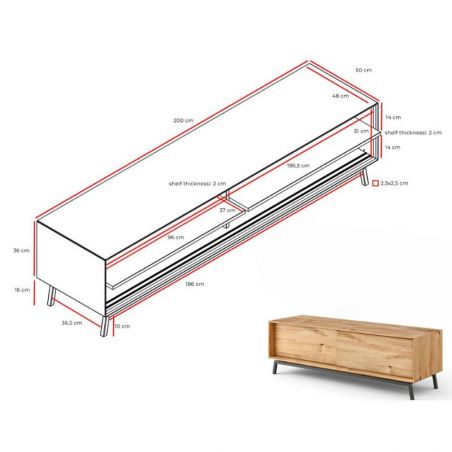 Meuble tv 200cm en chêne massif avec pieds en métal JONAS