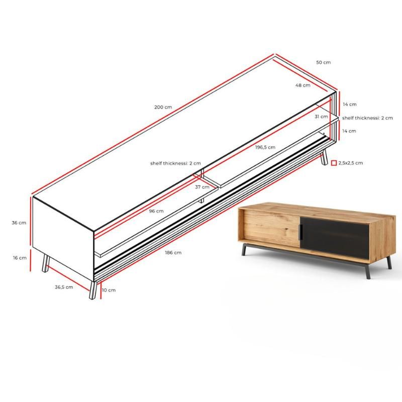 Meuble tv portes coulissantes en chêne massif, métal et verre ADAM