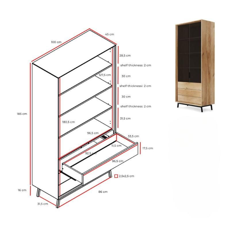 Bibliothèque bois massif avec portes vitrées et 3 tiroirs ADAM