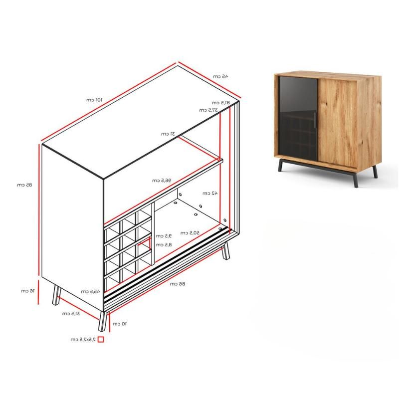Buffet chêne massif naturel avec porte bouteilles et façade en verre 101cm ADAM
