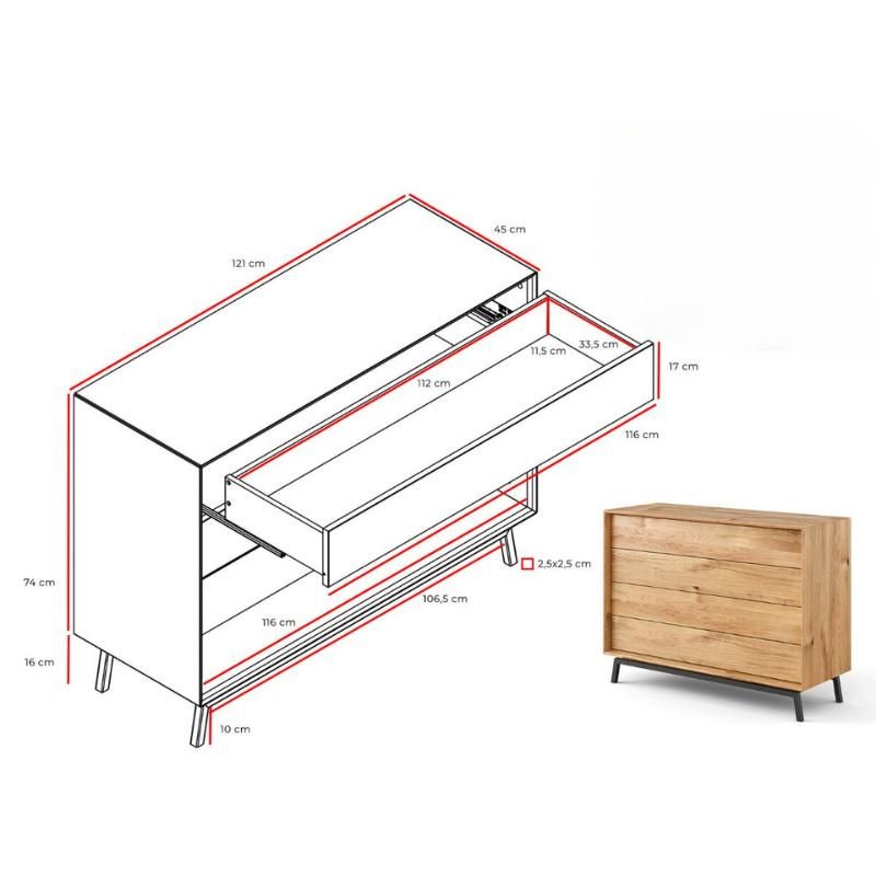 Commode bois chêne avec 4 tiroirs et pieds en métal 121cm JONAS