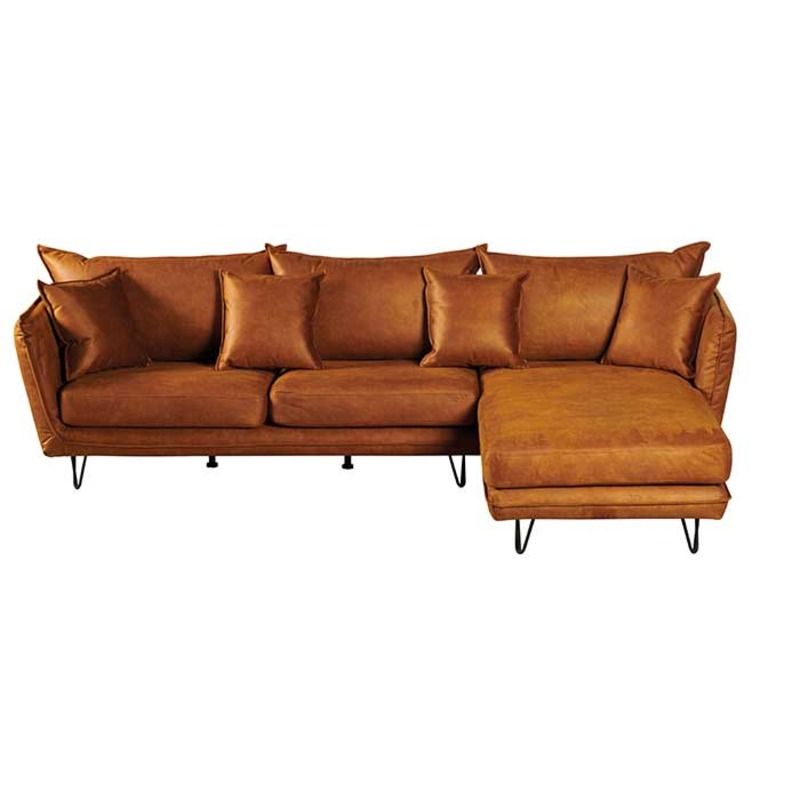 Canapé d'angle tissu cuir cognac 286cm HASTING Casita retour droit