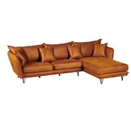 Canapé d'angle tissu cuir cognac 286cm HASTING Casita retour droit
