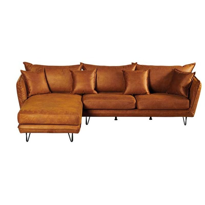 Canapé d'angle tissu cuir cognac 286cm HASTING Casita retour gauche