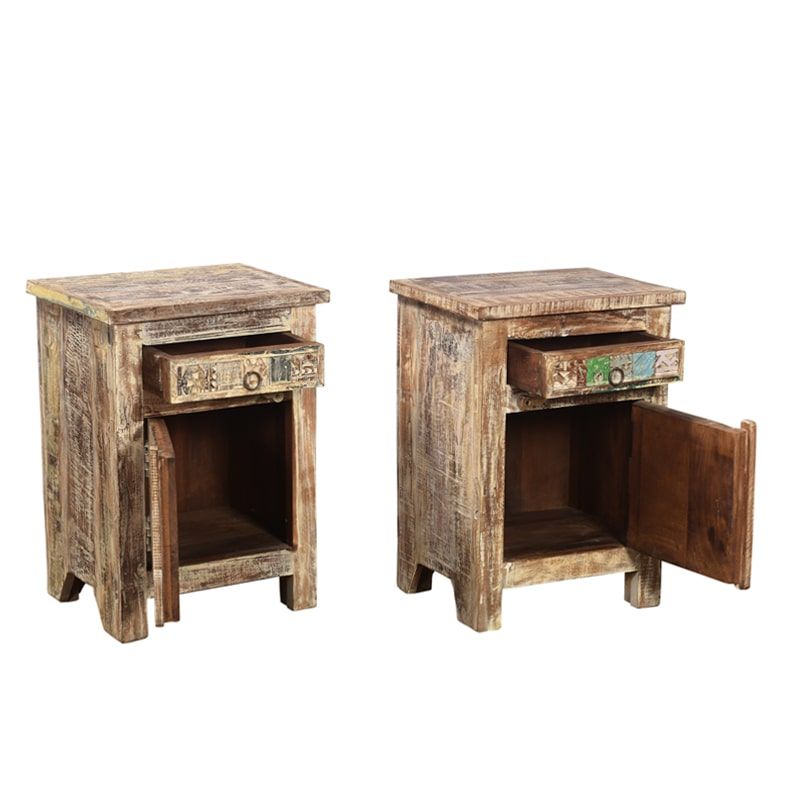 Lot de 2 chevets en bois recyclé coloré blanchi 45cm LILA