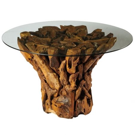 Table ronde morceaux racine teck et verre 130cm Casita DATA52