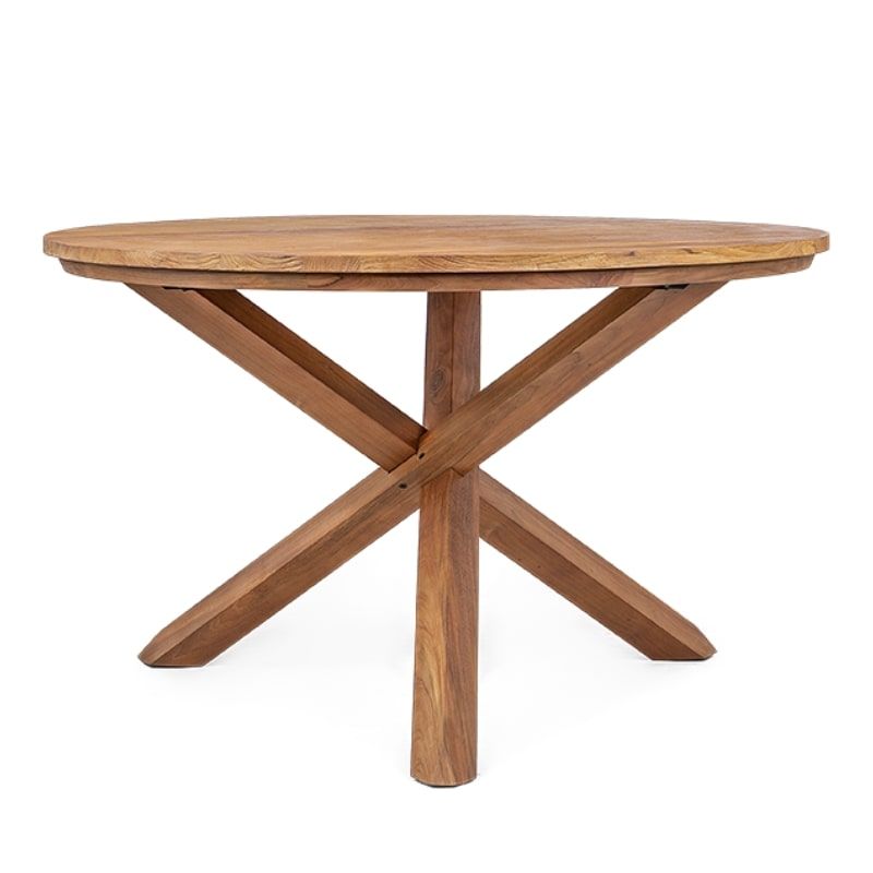 Table ronde en teck massif recyclé 130cm pied croisé bois XONO d-bodhi