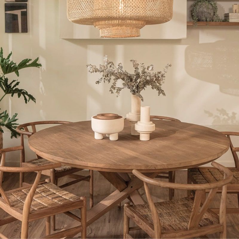 Table ronde en teck massif recyclé 150cm pied mikado bois XONO d-bodhi