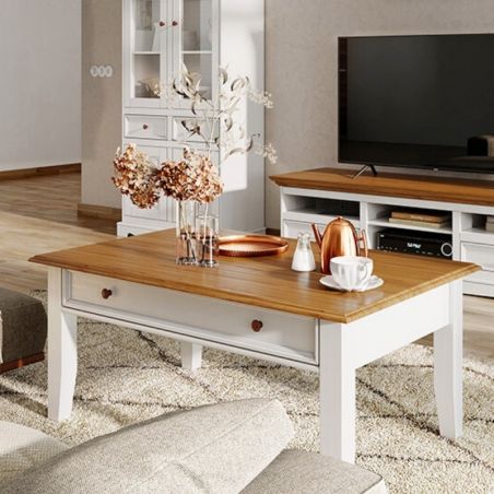 Table basse blanche bois de pin et chêne 122cm BIANCA