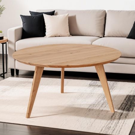 Table basse scandinave en bois massif de chêne ronde 90cm JONAS