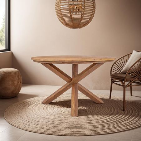 Table ronde en teck massif recyclé 130cm pied croisé bois XONO d-bodhi