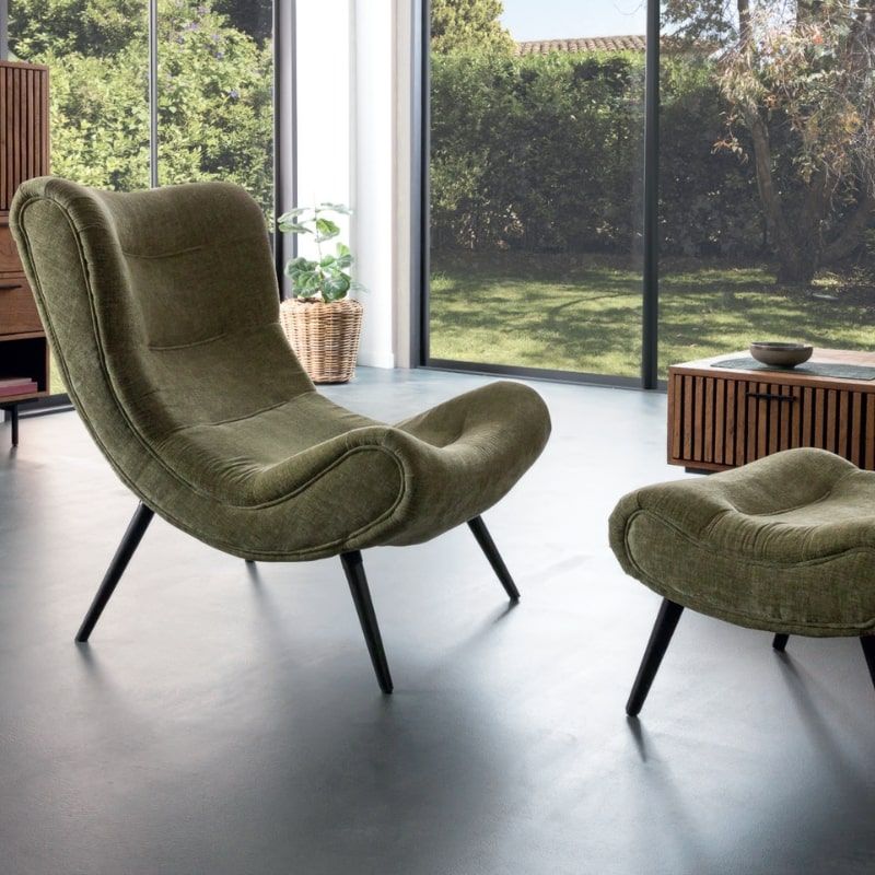 Fauteuil moderne tissu velours vert avec repose-pieds Casita CASPE