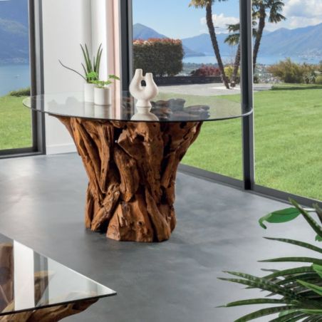 Table ronde morceaux racine teck et verre 130cm Casita DATA52