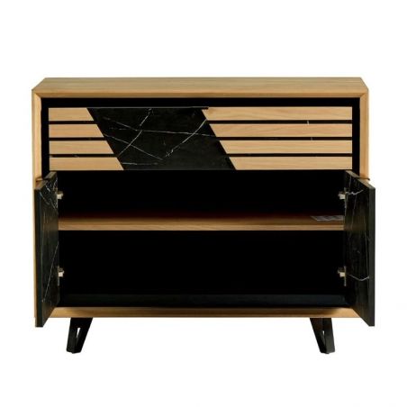 Buffet 2 portes chêne massif blanchi et décor marbre 105cm Casita STORIA