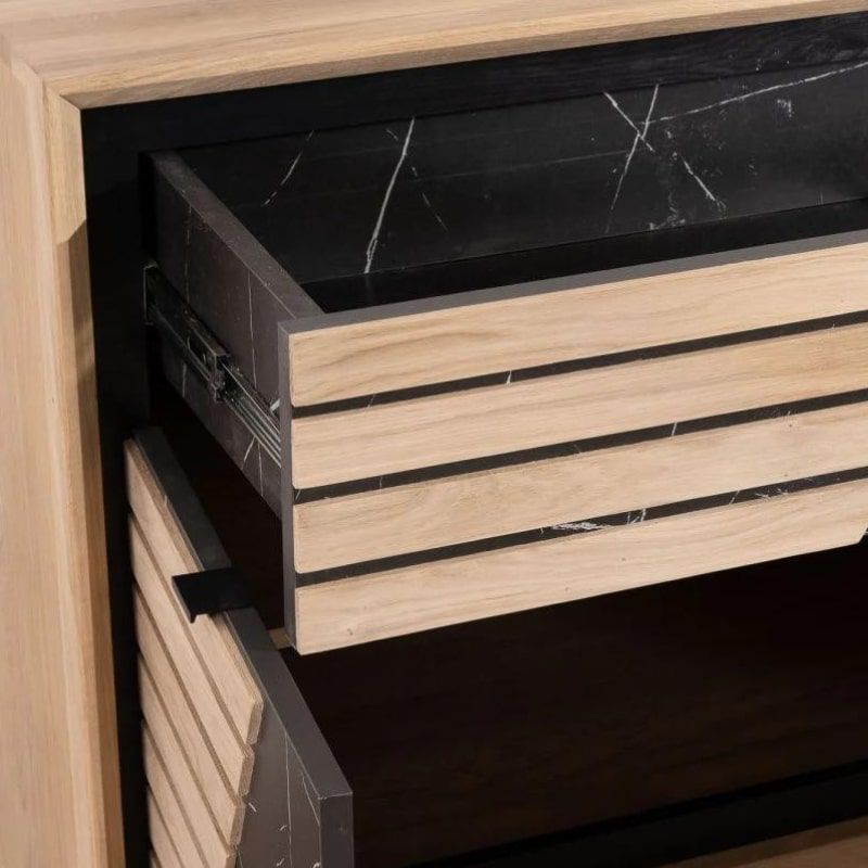 Buffet 3 portes chêne massif blanchi et décor marbre 152cm Casita STORIA