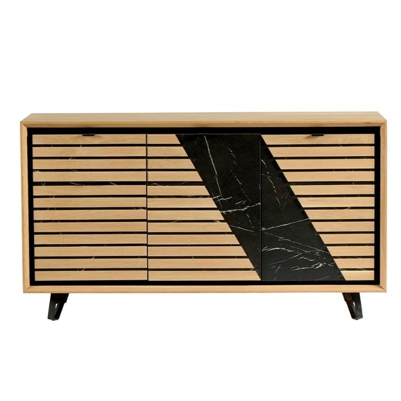 Buffet 3 portes chêne massif blanchi et décor marbre 152cm Casita STORIA