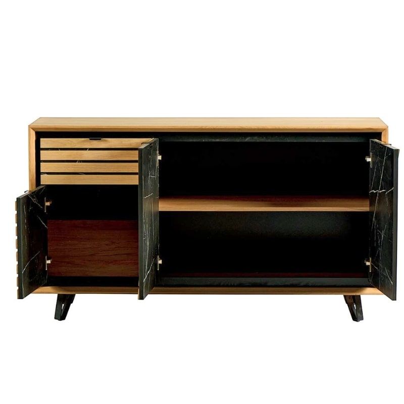 Buffet 3 portes chêne massif blanchi et décor marbre 152cm Casita STORIA