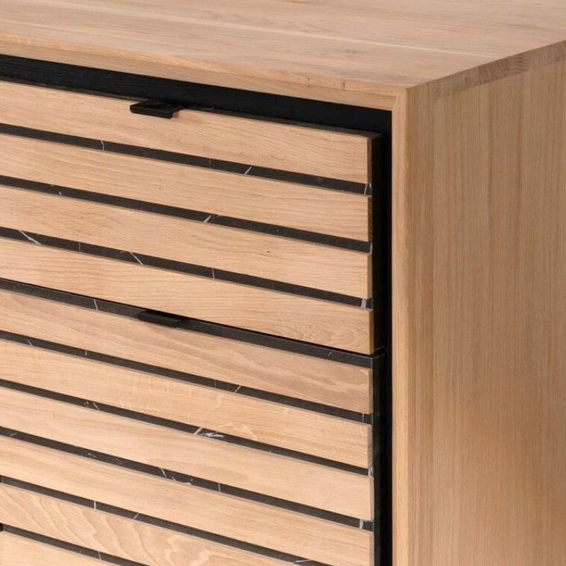 Buffet 3 portes chêne massif blanchi et décor marbre 152cm Casita STORIA
