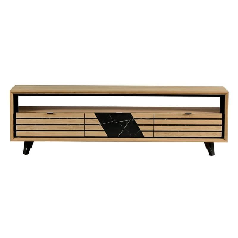 Meuble TV chêne massif blanchi et décor marbre 180cm Casita STORIA