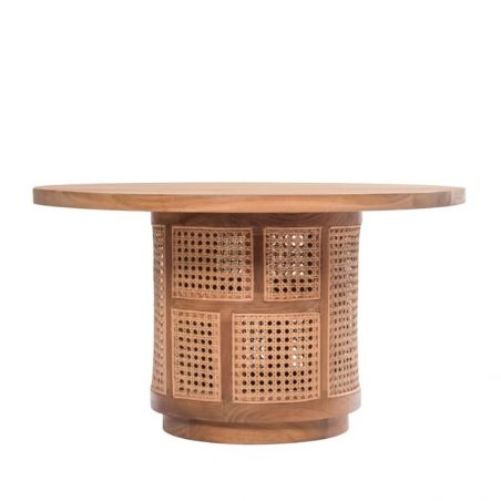 Table basse ronde teck et rotin d80 COLONIAL