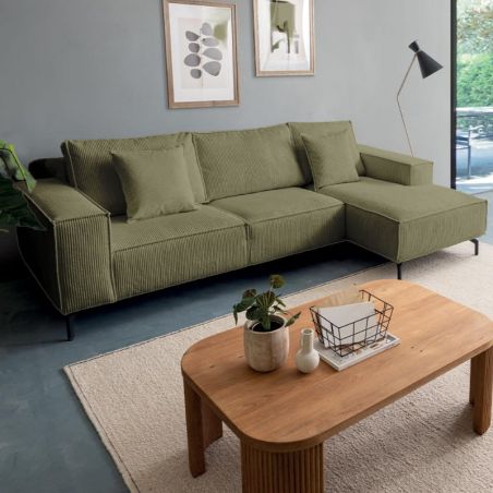 Canapé d'angle velours côtelé kaki 278cm PUEBLO Casita retour droit