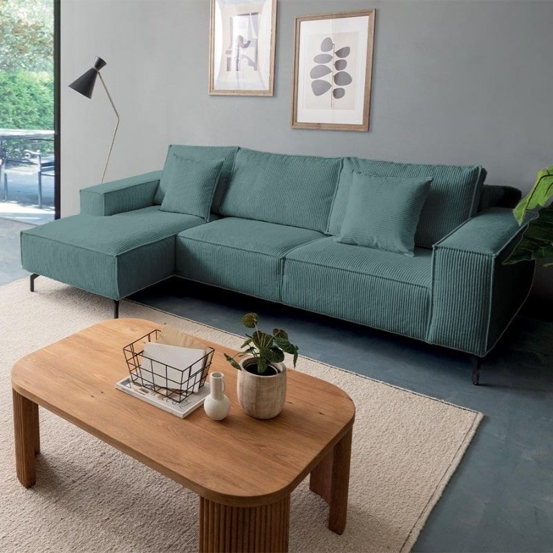 Canapé d'angle velours côtelé bleu 278cm PUEBLO Casita retour gauche