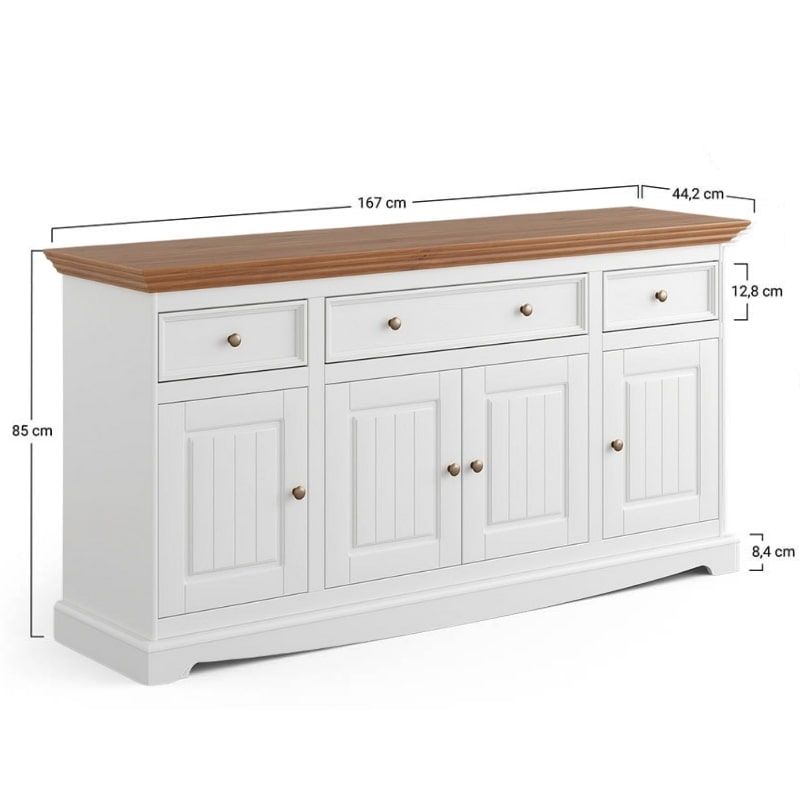 Buffet blanc en bois de pin massif 167cm BIANCA 4 portes