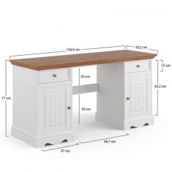 Bureau blanc en bois de pin massif 155cm BIANCA avec rangements