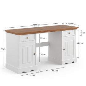 Bureau blanc en bois de pin massif 155cm BIANCA avec rangements