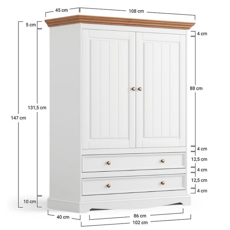 Petite armoire blancheen bois de pin massif 108cm BIANCA 2 tiroirs