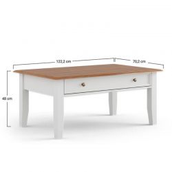 Table basse blanche en bois de pin massif 122cm BIANCA