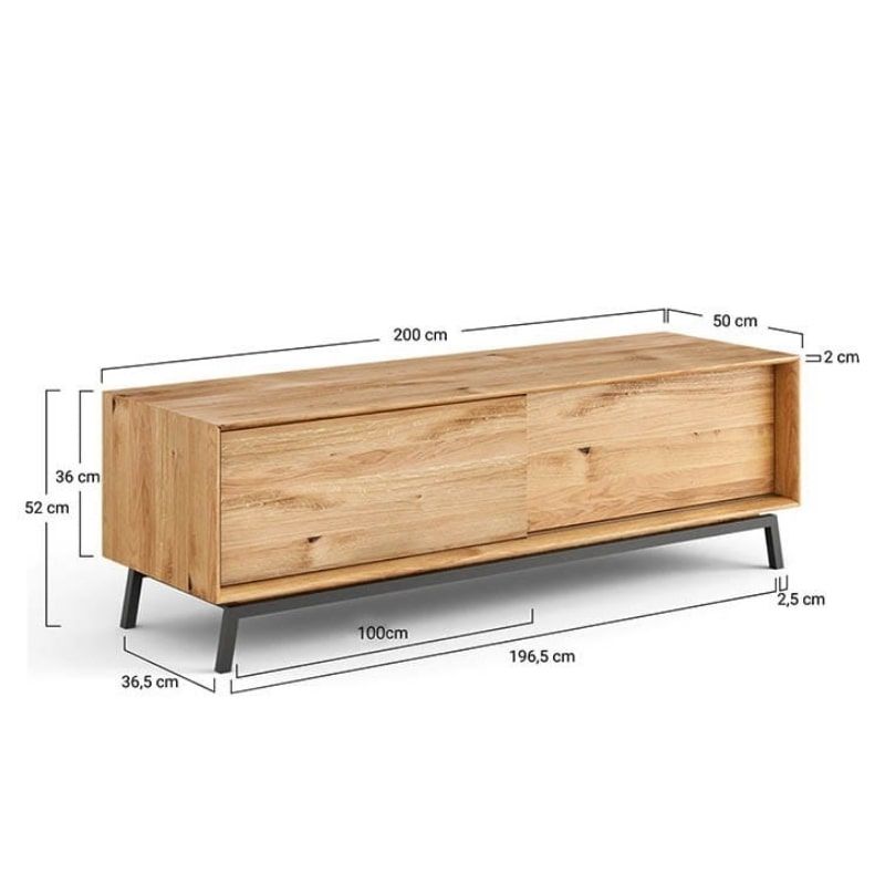 Meuble TV 200cm en chêne massif avec pieds en métal JONAS