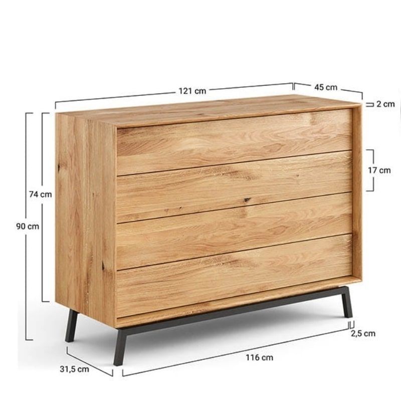 Commode bois chêne avec 4 tiroirs et pieds en métal 121cm JONAS