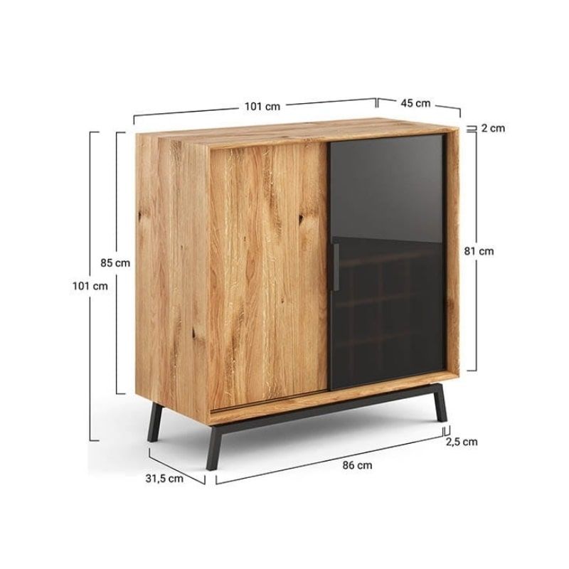 Buffet chêne massif naturel avec porte bouteilles et façade en verre 101cm ADAM