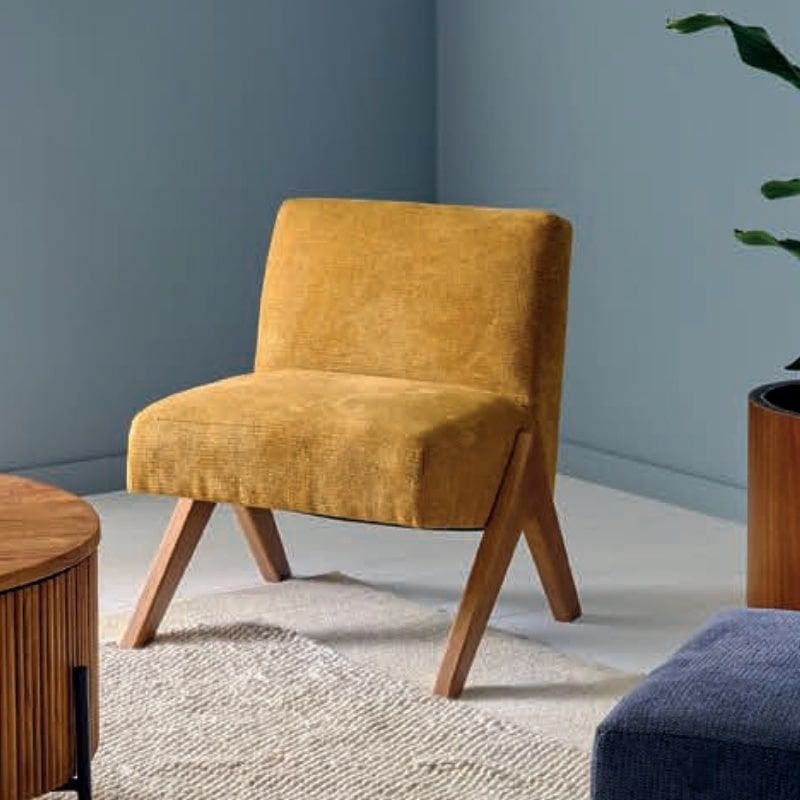 Fauteuil bois et tissu vintage moutarde 61cm Casita TOLGA