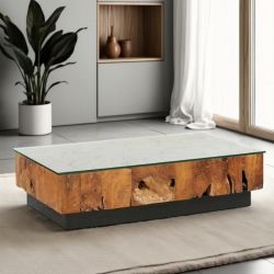 Table basse teck massif rectangulaire et verre 120cm Casita