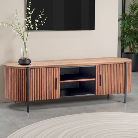 Meuble TV arrondi en bois exotique lamelles 160cm Casita TROMS